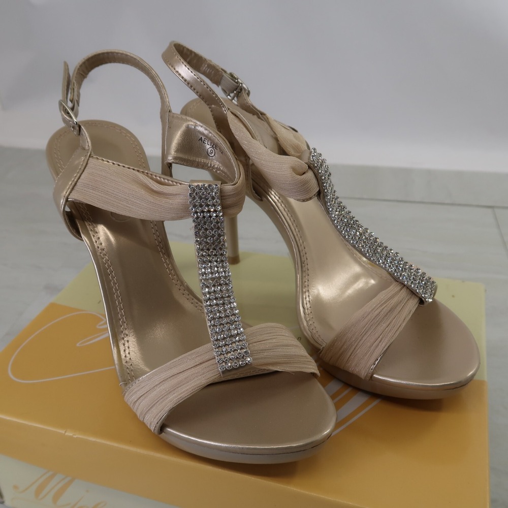 Michaelangelo Aelize Sling High Heels Beige Tan Size 9 Shoes Rhinestone Formal